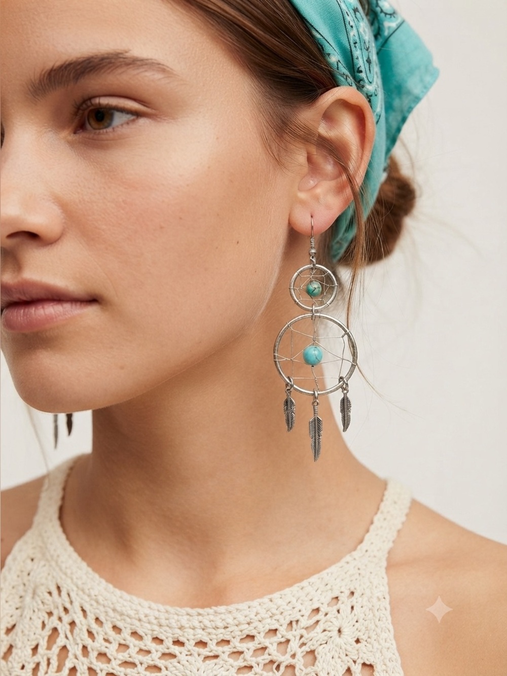 Dreamcatcher Turquoise Earrings | Silver Feather Boho Dangles